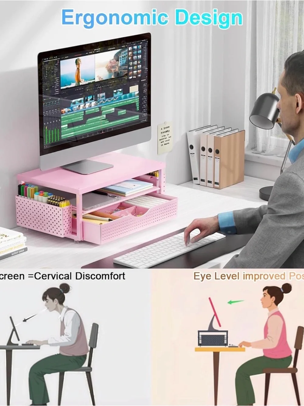 Pink Desktop Monitor Riser with Storage - Home Office Organizer